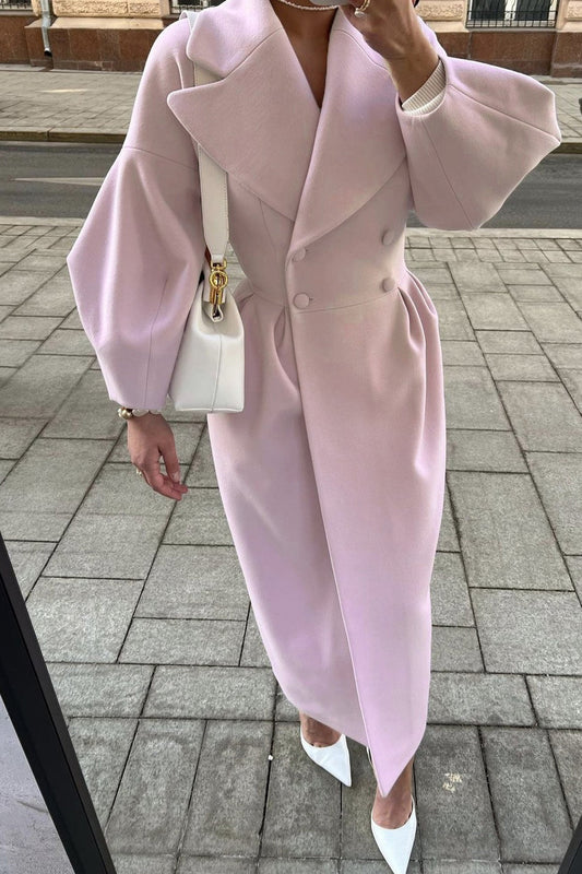 Lapel Lantern Sleeve Button-down Long Coat