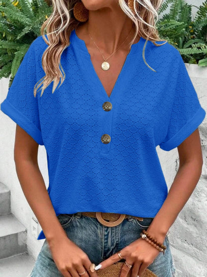 Knitting Buttons V-neck Short Sleeve T-shirts