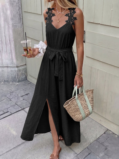 Embroidered Lace Patchwork Slit Bandage Maxi Dresses