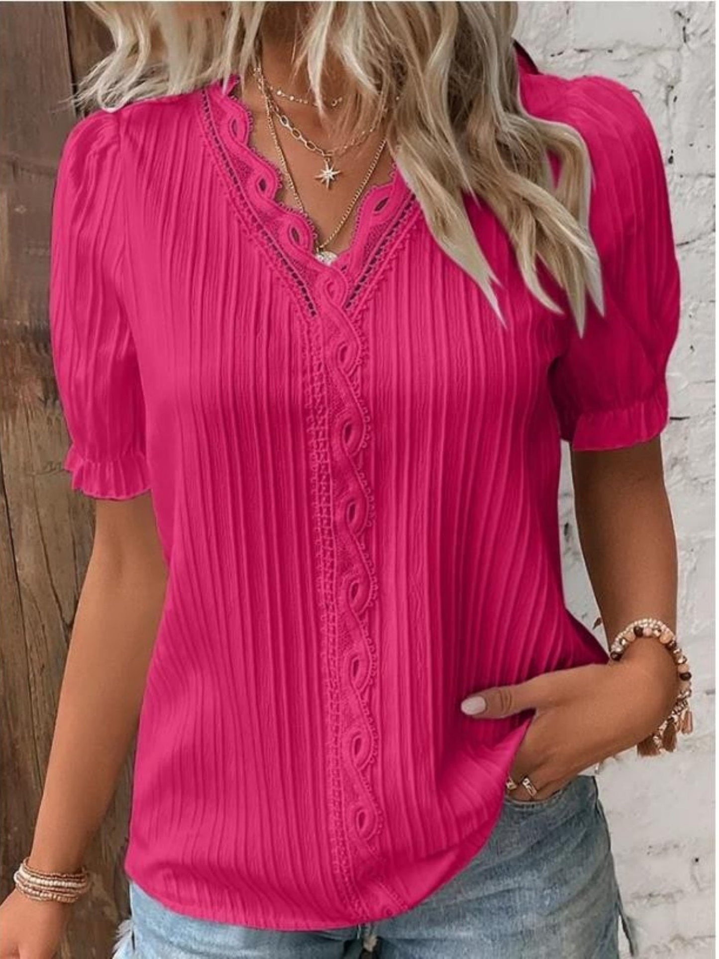 Openwork Lace Puff Sleeve V-neck Vertical Stripes T-shirts