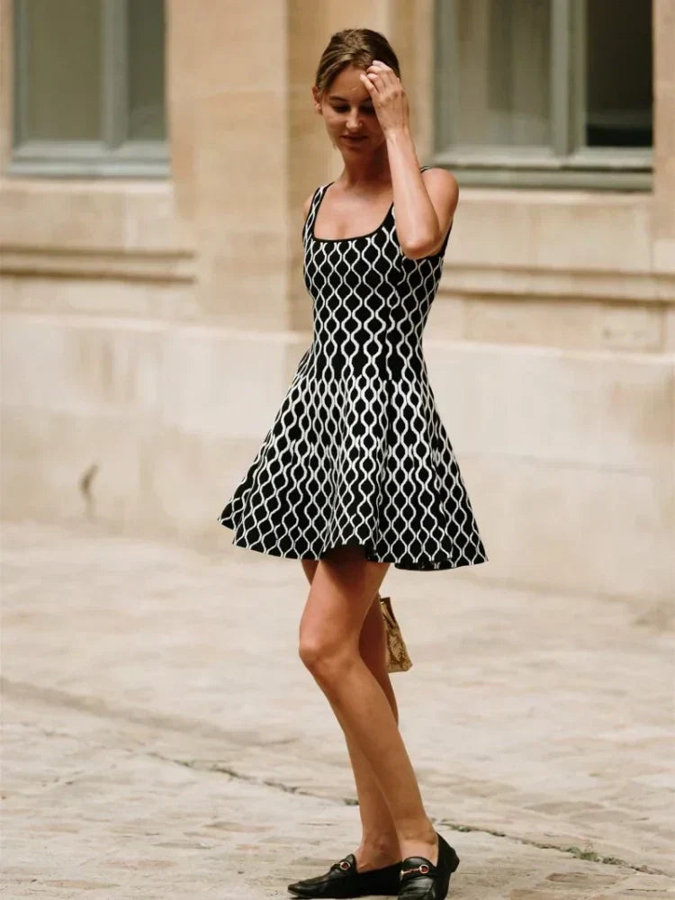 Square Neck Sleeveless Abstract Wave Print Fit and Flare Knit Mini Dress