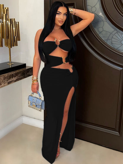 Hollow Out Metal Ring Splicing High Fork Hip Wrap Pleated Maxi Dresses