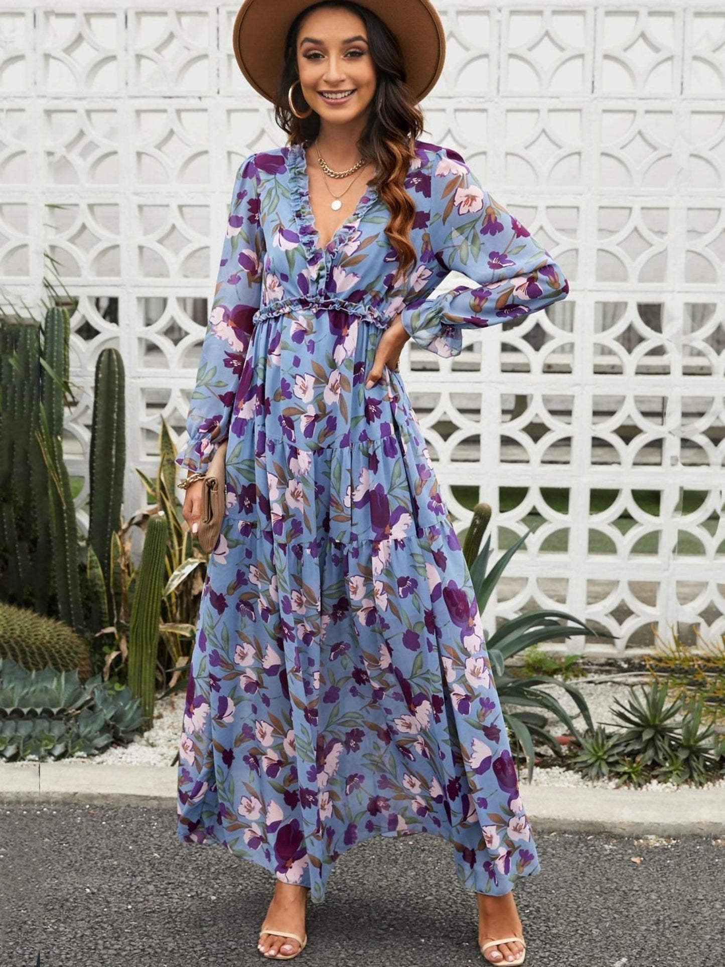Floral Print V-neck Lantern Sleeves Maxi Dresses