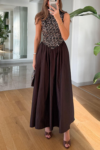 Margovil Crewneck Sleeveless Glitter Sequin Splice Maxi Dress