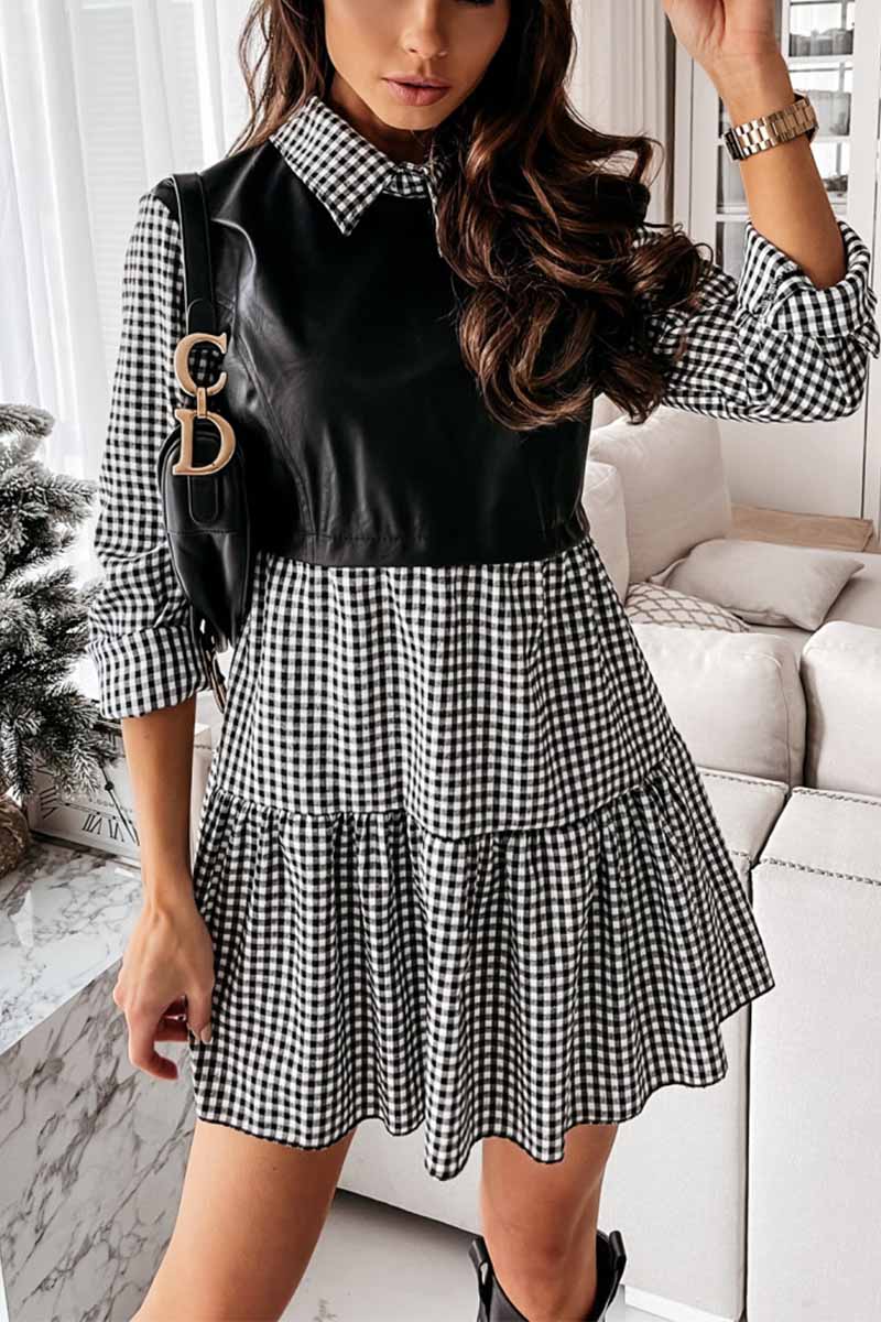 Collared Shirt Sleeve Faux Leather Panel Tiered Ruffle Mini Dress