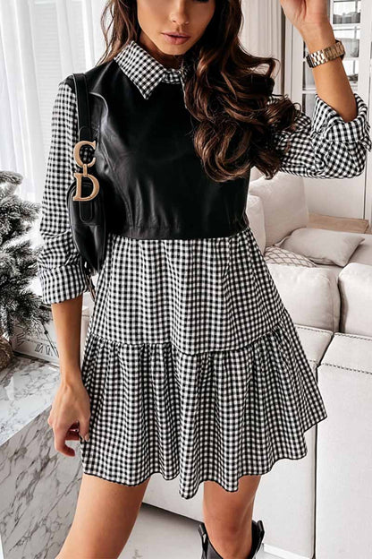 Collared Shirt Sleeve Faux Leather Panel Tiered Ruffle Mini Dress