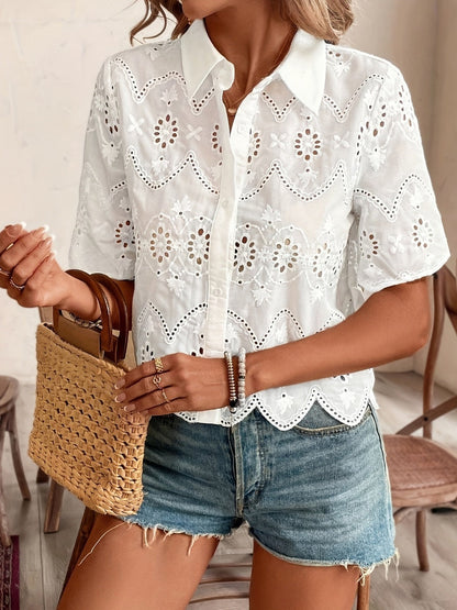Solid Color Lace Shirt, Openwork Shirt