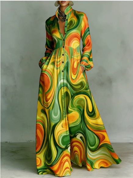 Long-sleeved Printed Maxi Dress