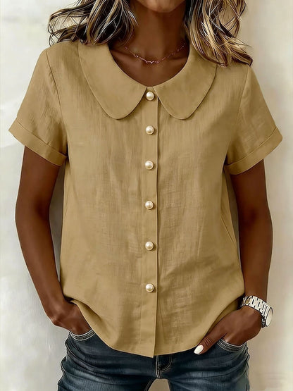 Cotton And Linen Short-sleeved Peter Pan Collar T-shirt