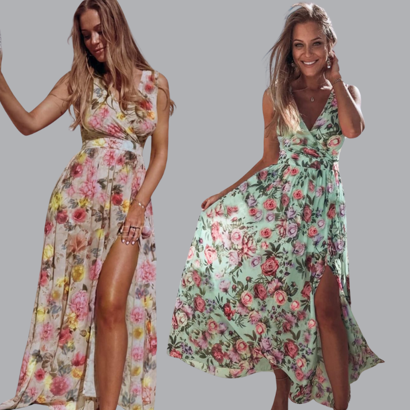 Tropical Floral Print V-Neck Tie-Waist High-Slit Maxi Dress