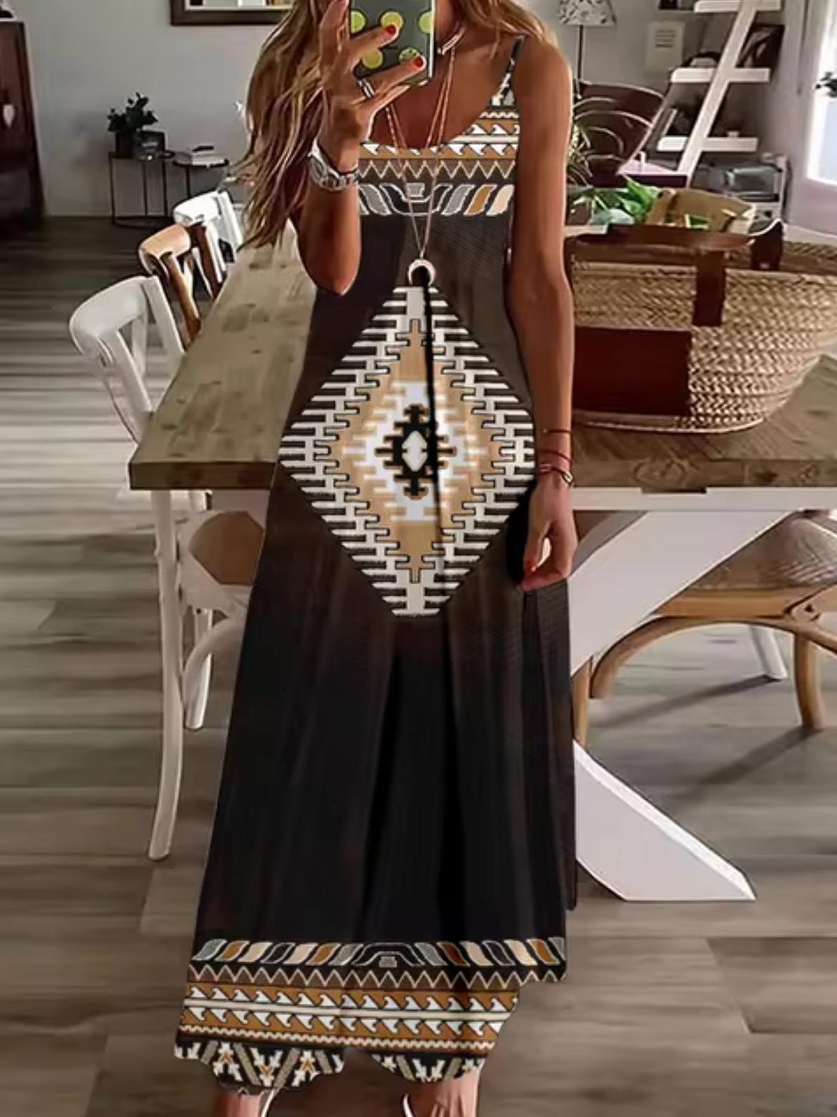 Deep V-Neck Turtle Dreamcatcher Feather Print Spaghetti Strap Maxi Dress