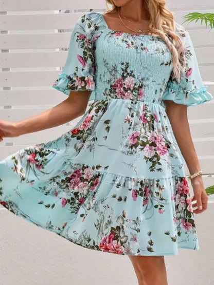 Printed Pleated Square Neck Short Sleeve Mini&Short Dresses