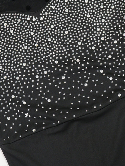 Hot-fix Rhinestone Mesh Long Sleeves Splicing Waist Shaping Slit Party Shiny Maxi Dresses