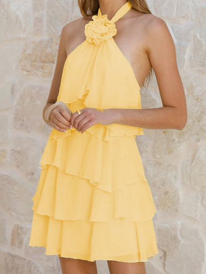 3D Flowers Halter Neck And Backless Layered Ruffles Sweet Mini&Short Dresses