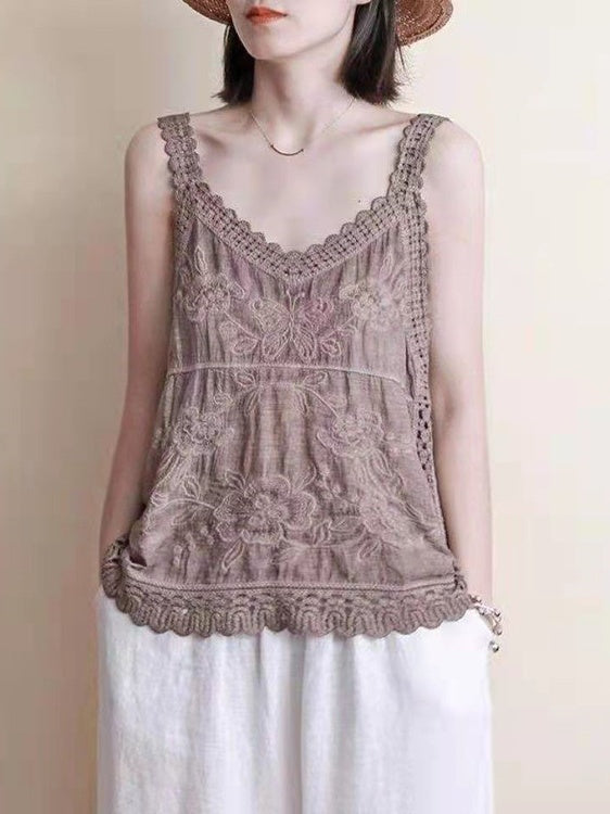 Cotton Linen Embroidered V-neck Camisole