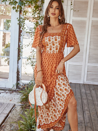 Printed Color-blocked Square Neck Short Sleeve Maxi Dresses