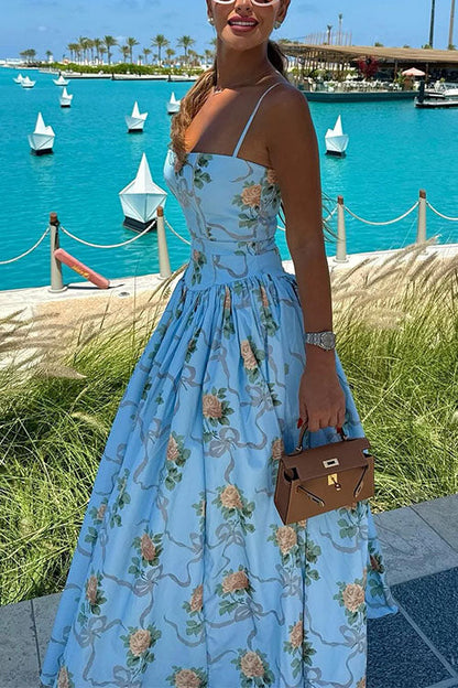 Margovil Spaghetti Strap Waisted Floral Print A-line Maxi Dress