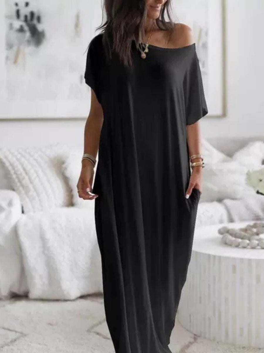 Sloping Shoulders Pocket Straight-fit Loose-fit Maxi Dresses