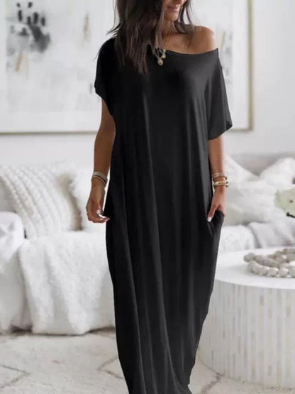 Sloping Shoulders Pocket Straight-fit Loose-fit Maxi Dresses