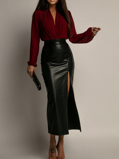 PU Leather High-waisted Side Slit Longline Skirts