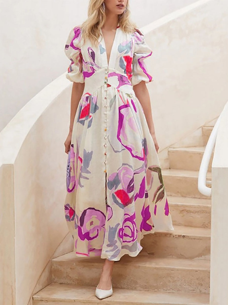 Printed Buttons Shirt Dress Vacation Maxi Dresses