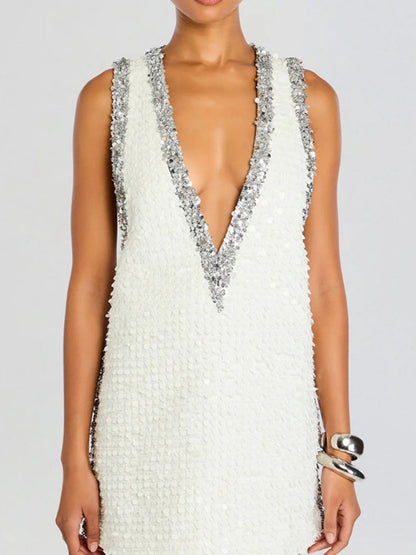 V-neck Rhinestone-studded Sleeveless Temperament Grace Parties Mini&Short Dresses
