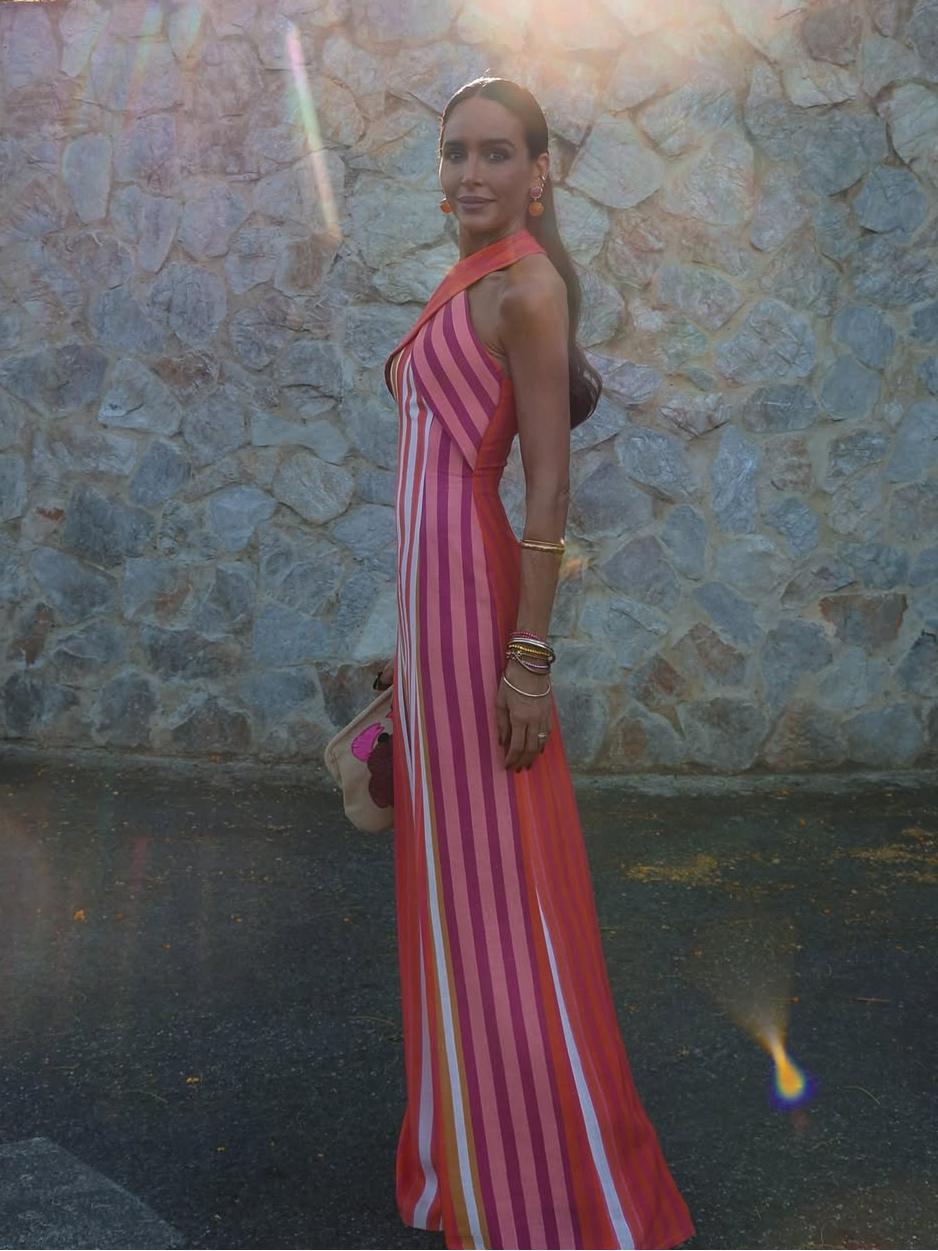 Cross Halter Neck Vertical Stripe Bodycon Midi Dress