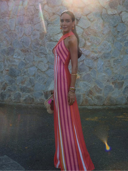 Cross Halter Neck Vertical Stripe Bodycon Midi Dress