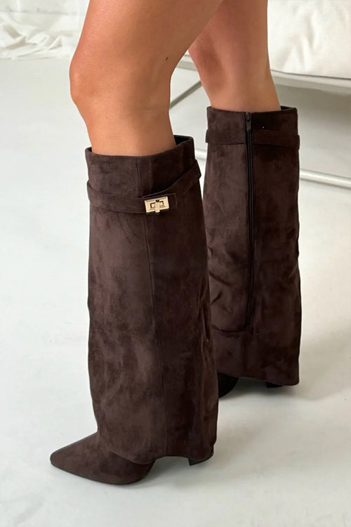 Margovil Pointed Toe Block Heel Fold Over High Boots