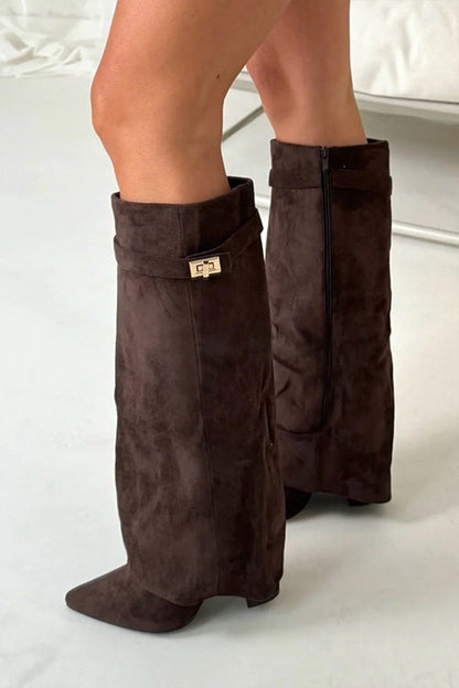 Margovil Pointed Toe Block Heel Fold Over High Boots