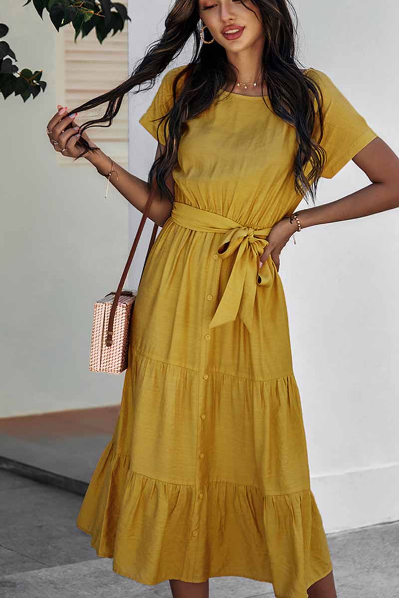 Button-Front Tie-Waist Tiered Short Sleeve Midi Shirt Dress