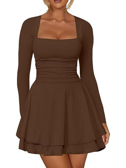 Square Neck Long Sleeves Pleated Solid Color Slim Fit Mini&Short Dresses