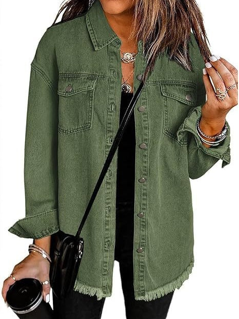 Denim Jacket With Frayed Pockets And Button Details