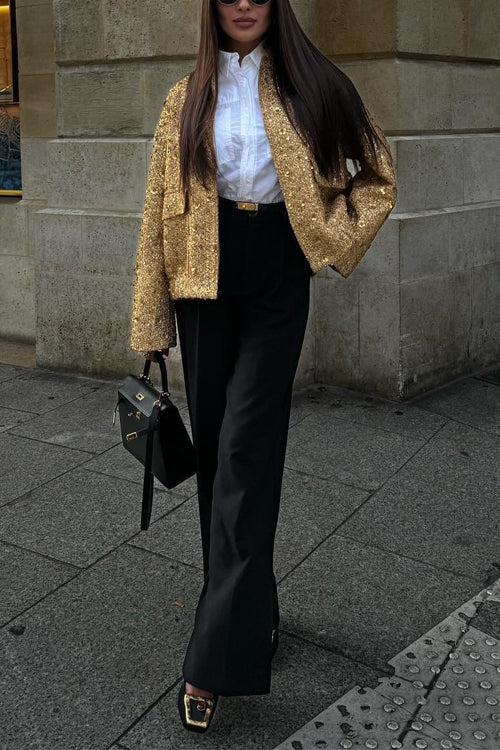 Margovil Stand Collar Zip Up Pocketed Sequin Jacket