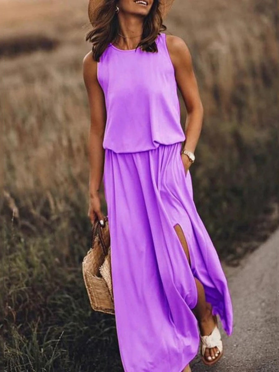 Round Neck Sleeveless Slit Long Dress