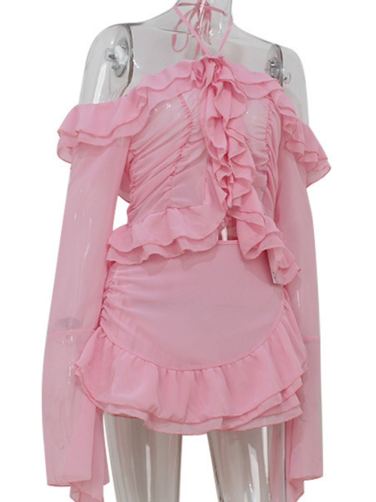 Ruffle Neck Strap Off-shoulder Long-sleeved Top And Skirt Sweet 2-piece Sets