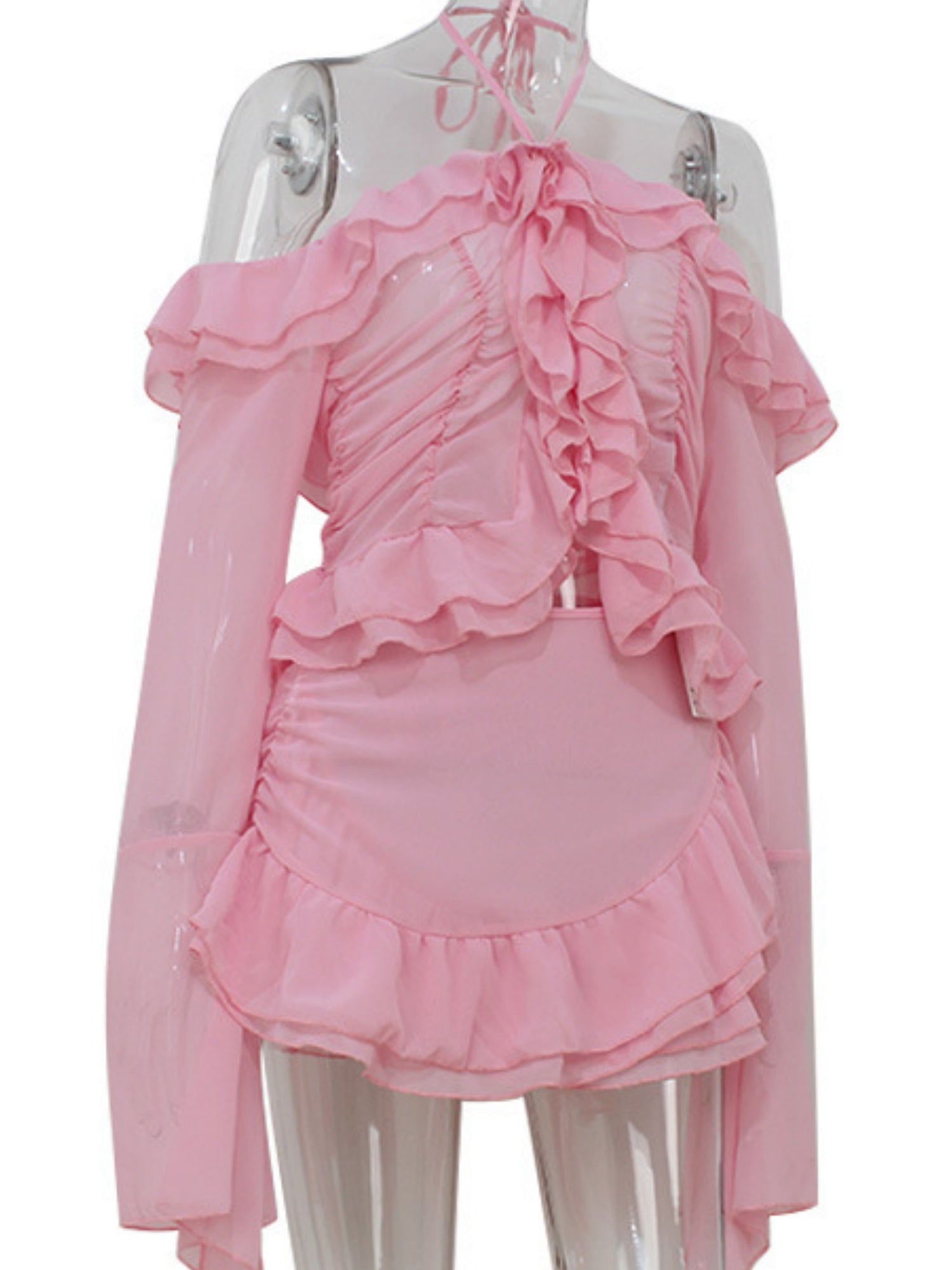 Ruffle Neck Strap Off-shoulder Long-sleeved Top And Skirt Sweet 2-piece Sets