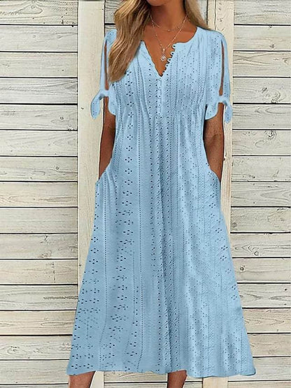 Hollow Out Off-shoulder V-neck Lace Ruffles Maxi Dresses