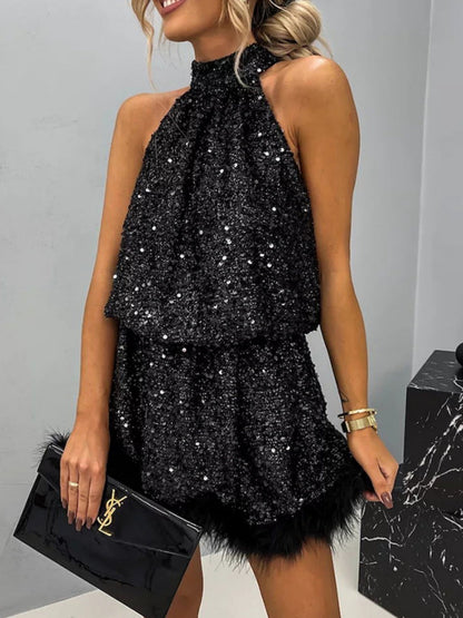 Sequins Feather Halter Lace Up Two-way Parties Mini&Short Dresses