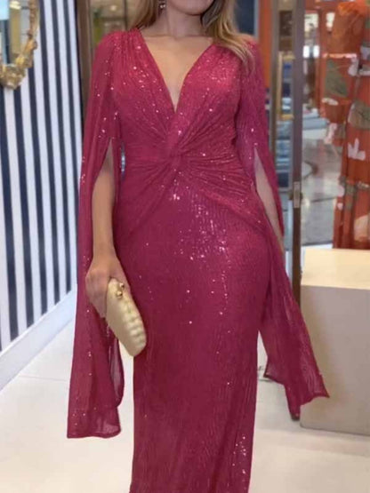 V-neck Hip-hugging Sequins Cloak Parties Maxi Dresses