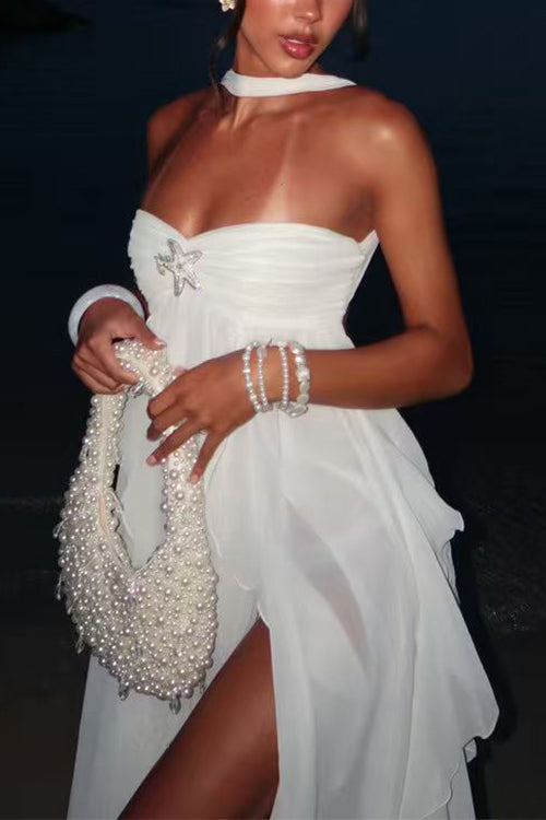 Margovil Sleeveless Open Back Ruffle Trim Slit Maxi Dress