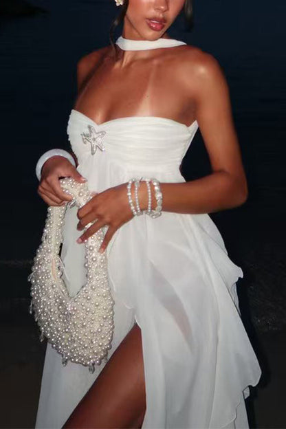 Margovil Sleeveless Open Back Ruffle Trim Slit Maxi Dress