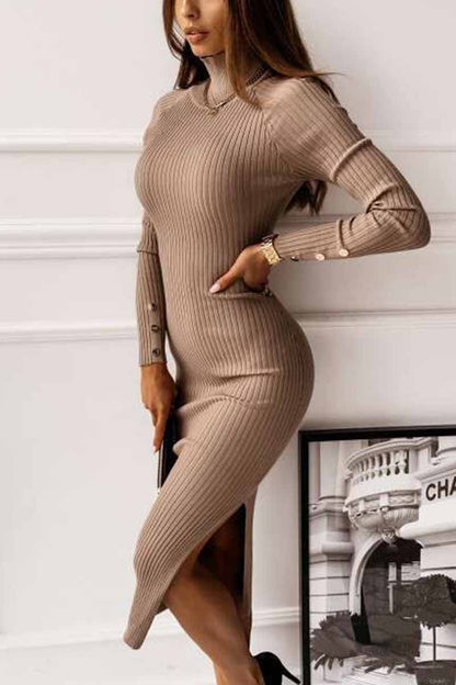 Rib Knit Turtleneck Button Cuff Long Sleeve Side Slit Bodycon Midi Dress