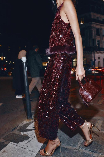 Sequined Faux Fur Hem Top & Pants Set
