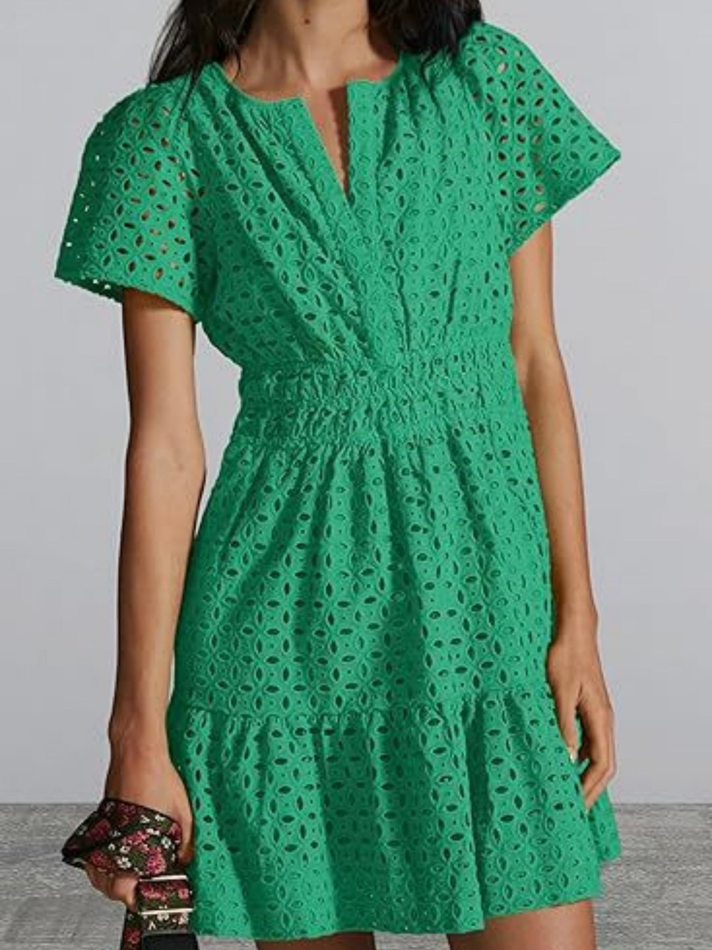 Lace Cutout V-neck Short Sleeve A-line Short Dress