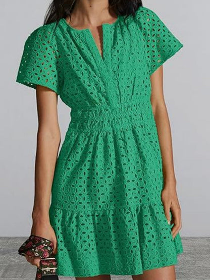 Lace Cutout V-neck Short Sleeve A-line Short Dress