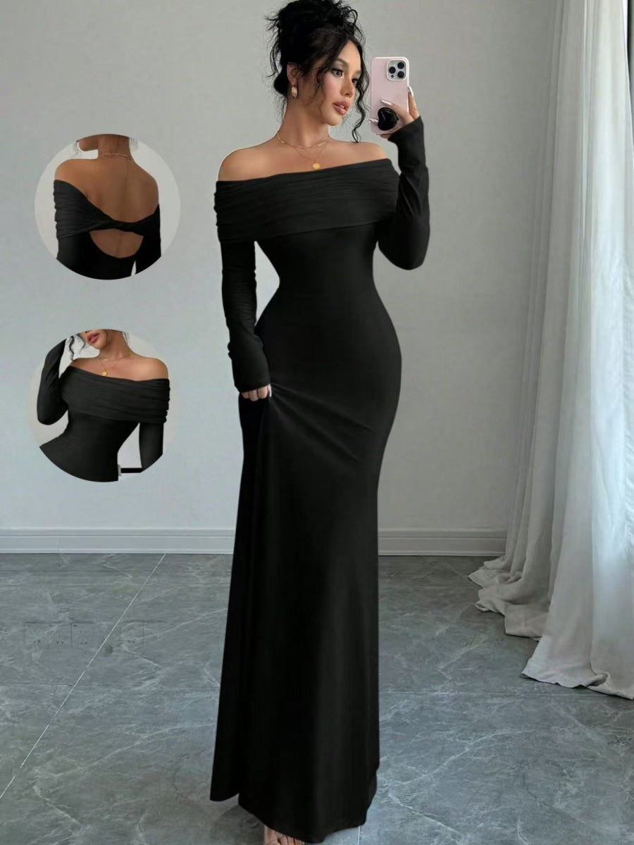 Off Shoulder Hip-hugging Backless Kink Maxi Dresses