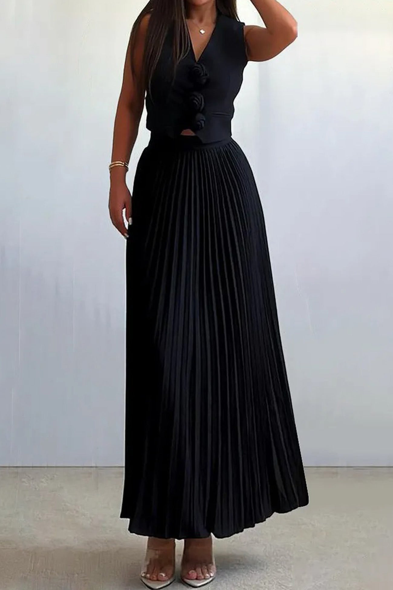 3D Floral Vest Pleated Maxi Skirt Set