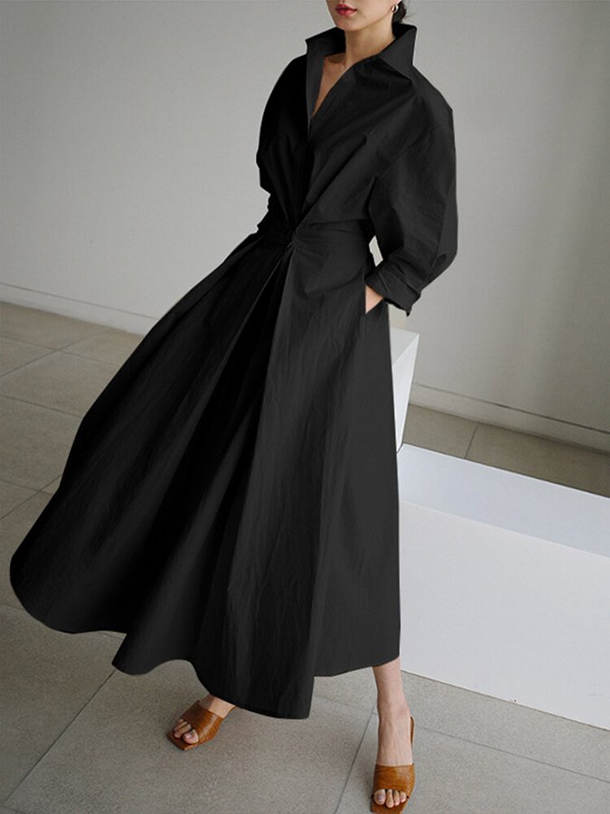 Long Sleeve Wrap Front Deep V-Neck Pleated Maxi Shirt Dress