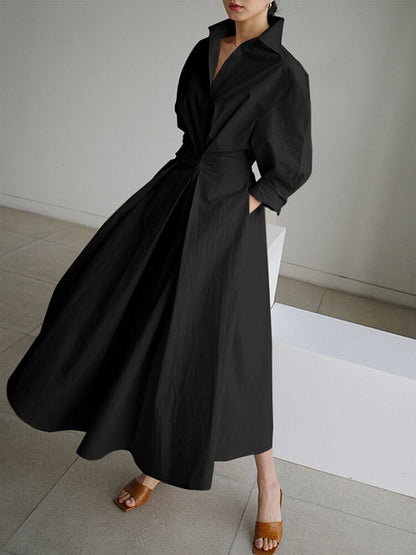 Long Sleeve Wrap Front Deep V-Neck Pleated Maxi Shirt Dress